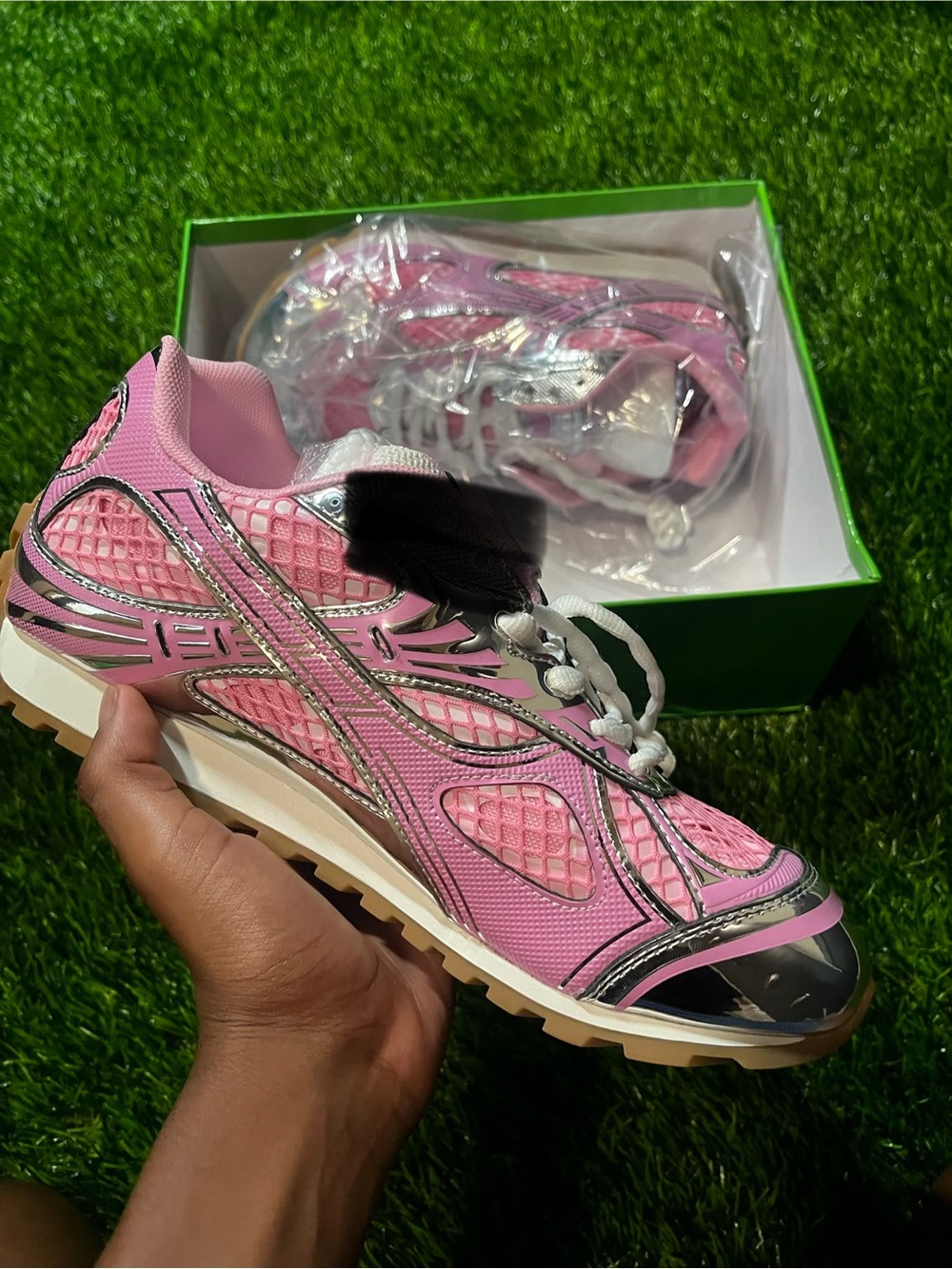 Bottega Veneta Pink Metallic-Trim Athletic Sneakers